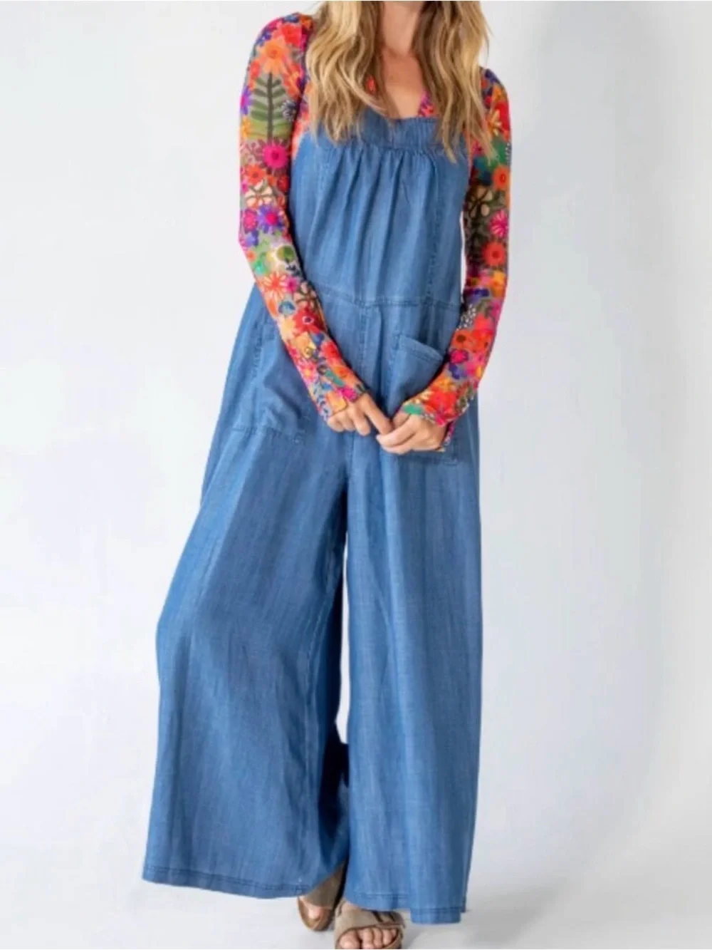 NATURAL LIFE Wide-Leg Denim Overalls Jumpsuit